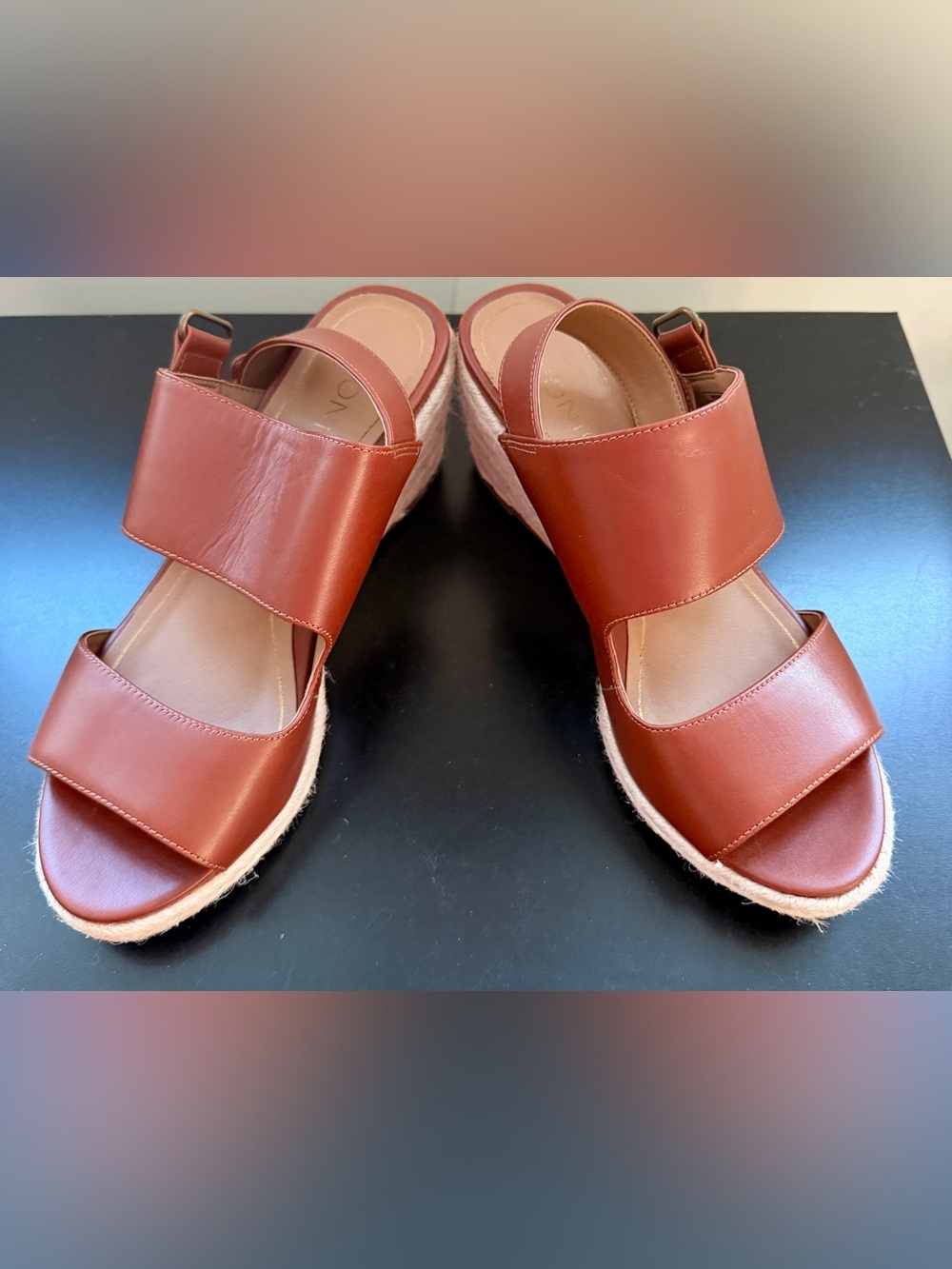 Vionic Brooke Cognac Leather Espadrille Wedge Sandals
